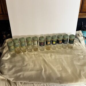 11 VTG McCormick Spice Jars Bottle Light Green Lid Empty - 2 Different Labels